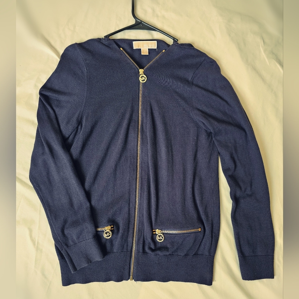 Michael Kors Womens Zip Up Sweater With Front Pockets - Navy/Gold
